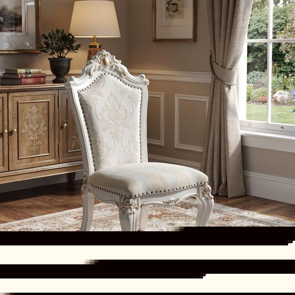 Set of Two 27" Beige and White Faux Leather Damask Side Chair