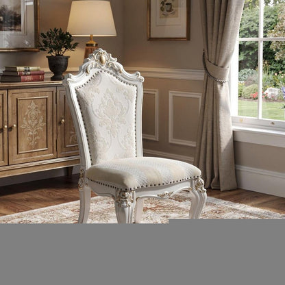 Set of Two 27" Beige and White Faux Leather Damask Side Chair