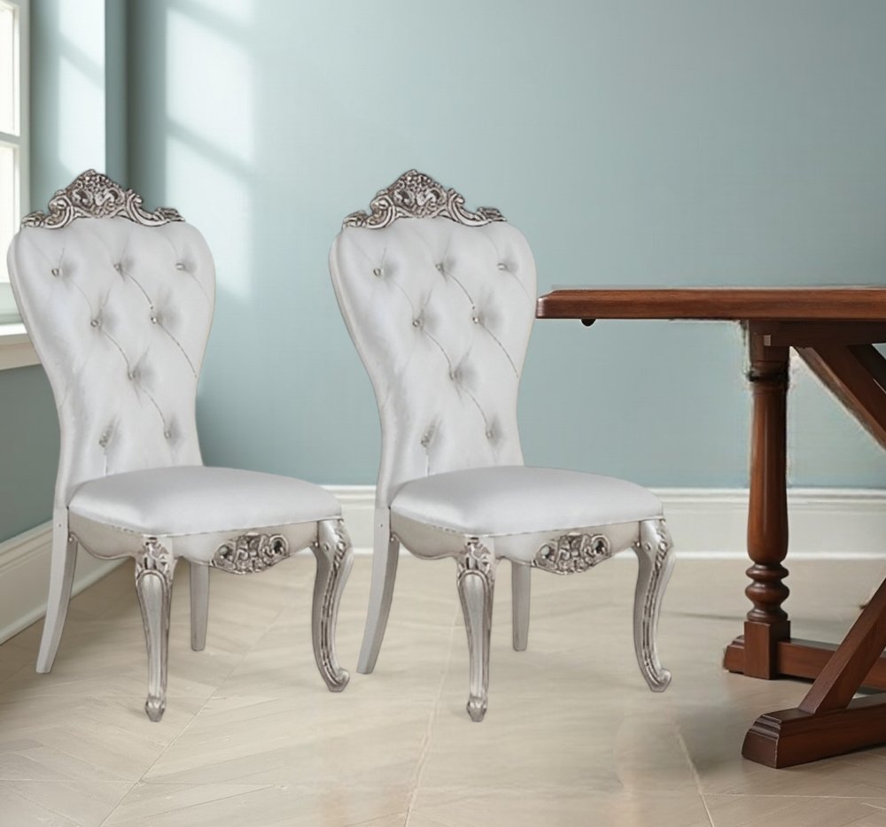 Set of Two Cream and Antiqued White Upholstered Fabric Queen Anne Back Dining Side Chairs