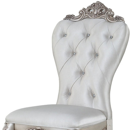 Set of Two Cream and Antiqued White Upholstered Fabric Queen Anne Back Dining Side Chairs