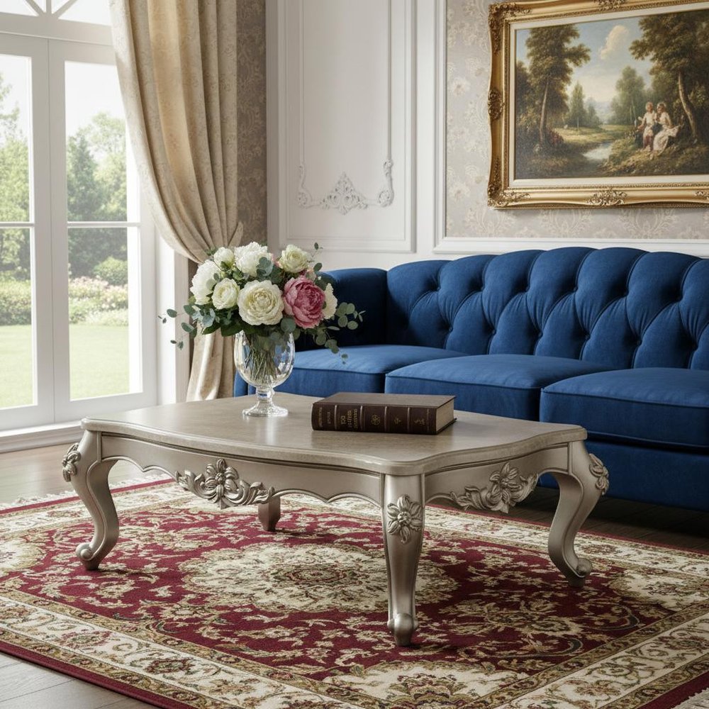 57" Beige Genuine Marble And Solid Wood Coffee Table