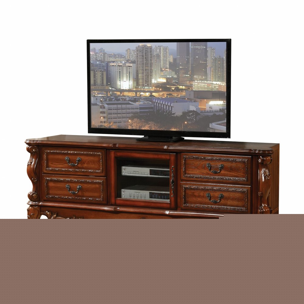 74" Off White Wood And Glass Carved Scrollwork Entertainment Center