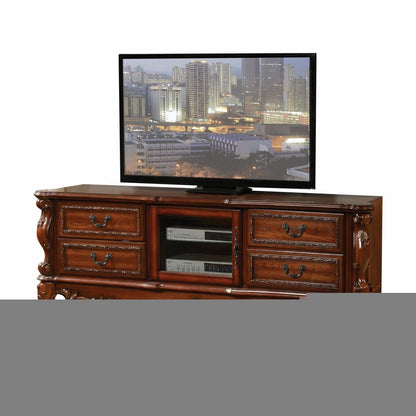 74" Off White Wood And Glass Carved Scrollwork Entertainment Center