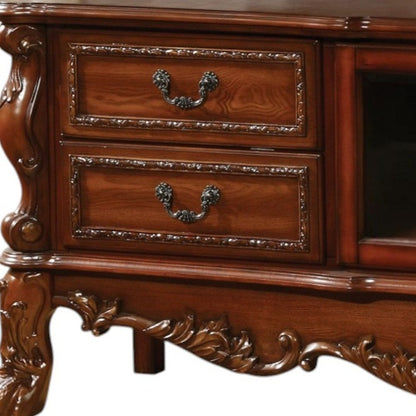 74" Off White Wood And Glass Carved Scrollwork Entertainment Center