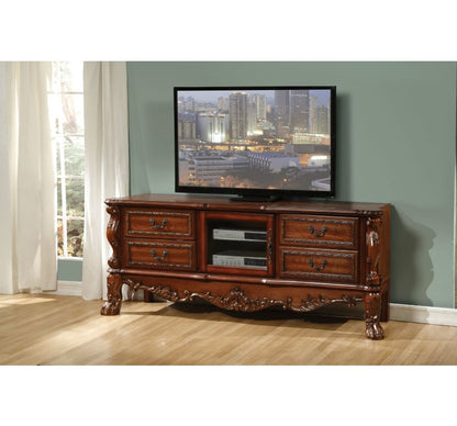 74" Off White Wood And Glass Carved Scrollwork Entertainment Center
