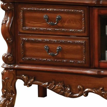 74" Off White Wood And Glass Carved Scrollwork Entertainment Center