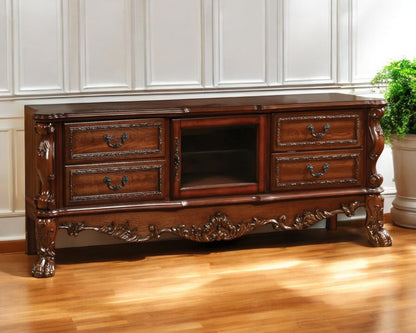 74" Off White Wood And Glass Carved Scrollwork Entertainment Center