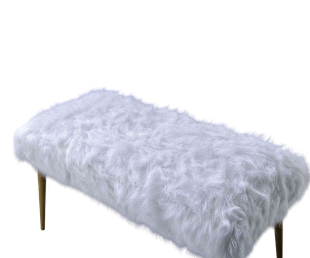 18" White and Gold Upholstered Faux Fur Bench