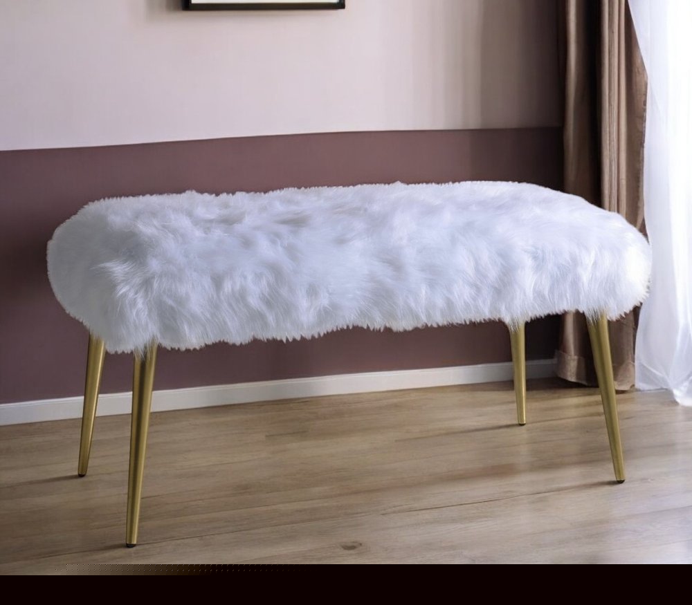 18" White and Gold Faux Fur And Metal Bench