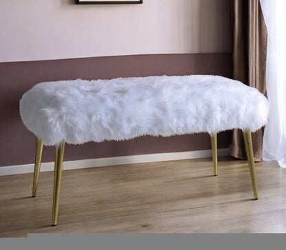 18" White and Gold Faux Fur And Metal Bench