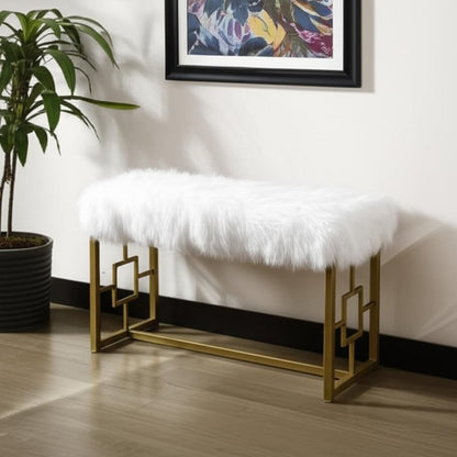 18" White and Gold Upholstered Faux Fur Bench