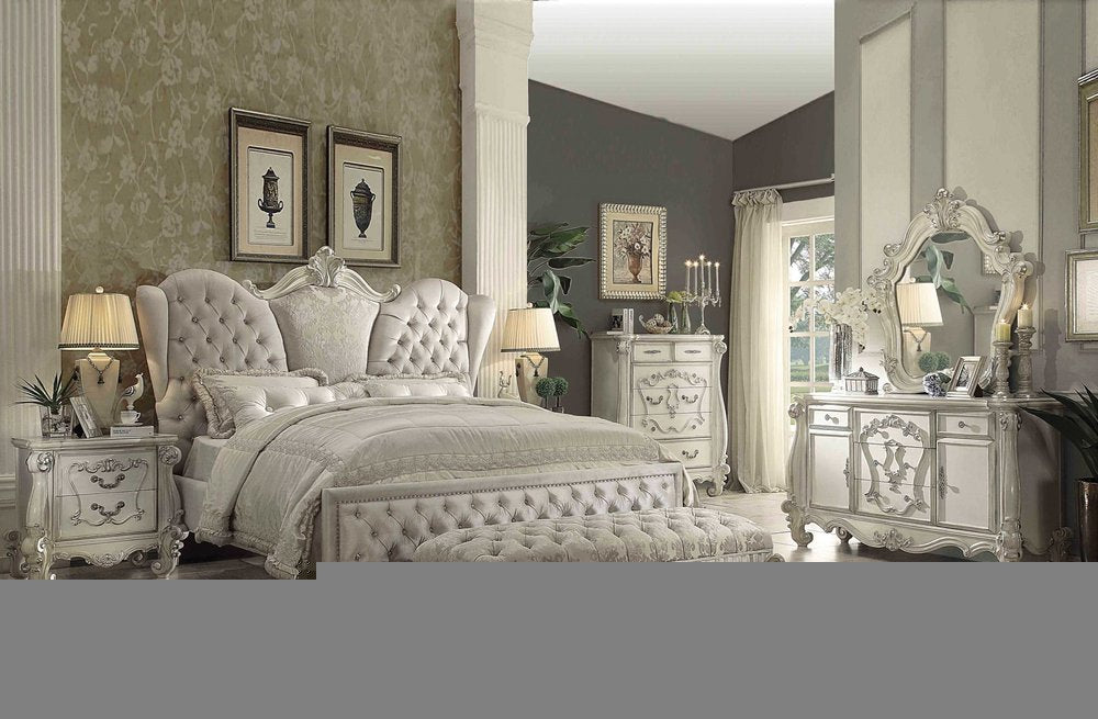 Ivory and White Solid Wood And Tufted Velvet Bed Frame With Nailhead Trim