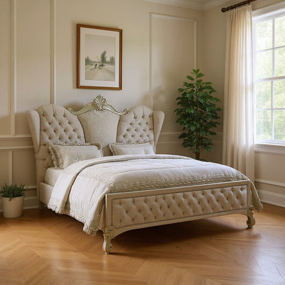 Ivory and White Solid Wood And Tufted Velvet Bed Frame With Nailhead Trim