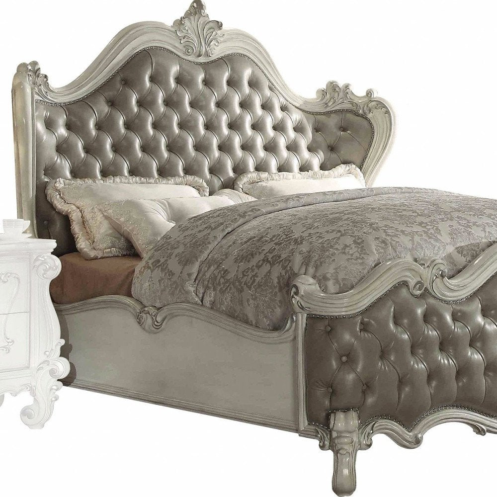 76" X 95" X 73" Vintage Gray Pu Bone White Wood Poly Resin Upholstery Queen Bed