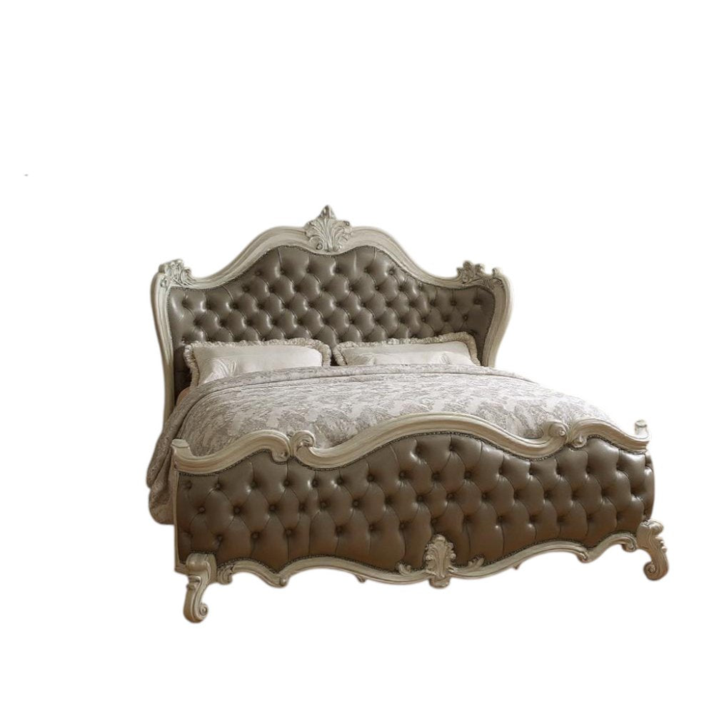 Gray and Bone Carved Scrollwork Solid Wood And Tufted Faux Leather Queen Bed Frame With Nailhead Trim