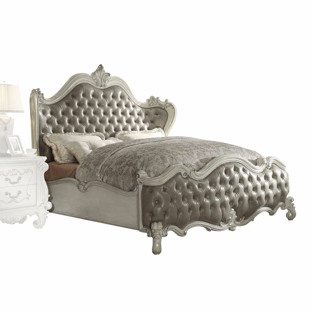 Gray and Bone Carved Scrollwork Solid Wood And Tufted Faux Leather Queen Bed Frame With Nailhead Trim