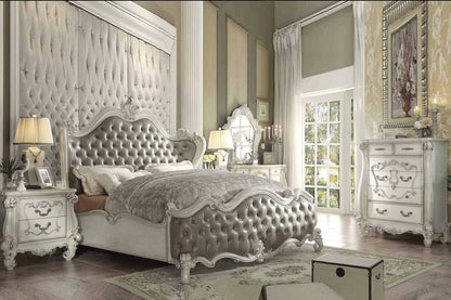 Gray and Bone Carved Scrollwork Solid Wood And Tufted Faux Leather Queen Bed Frame With Nailhead Trim