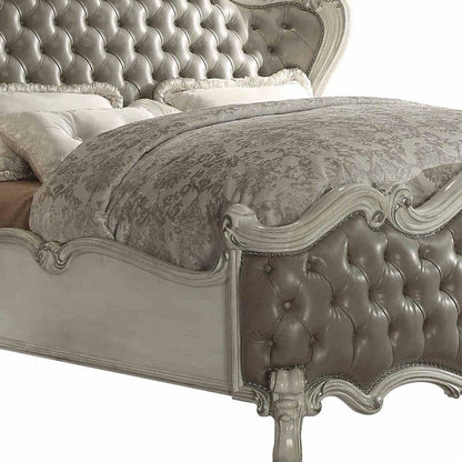 Gray and Bone Carved Scrollwork Solid Wood And Tufted Faux Leather Queen Bed Frame With Nailhead Trim
