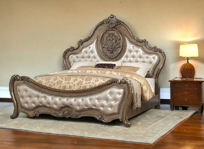 Oak and Bronze Solid Wood Tufted Upholstered Faux Leather Bed Frame