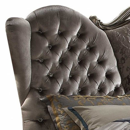 87" X 100" X 75" Velvet Antique Platinum Upholstery Poly Resin California King Bed