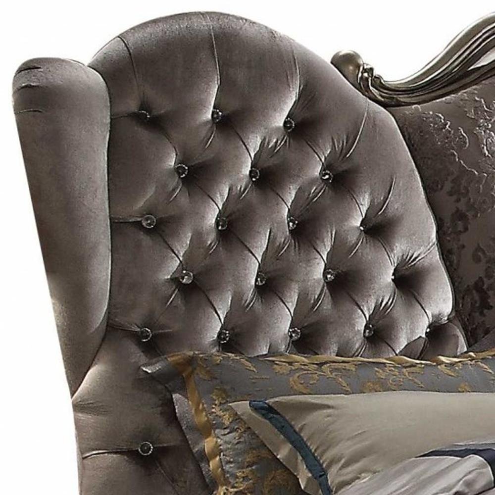 87" X 100" X 75" Velvet Antique Platinum Upholstery Poly Resin California King Bed