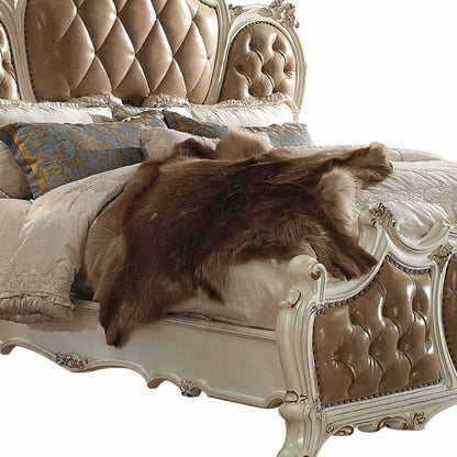 Queen Tufted Beige Upholstered Faux Leather Bed With Nailhead Trim
