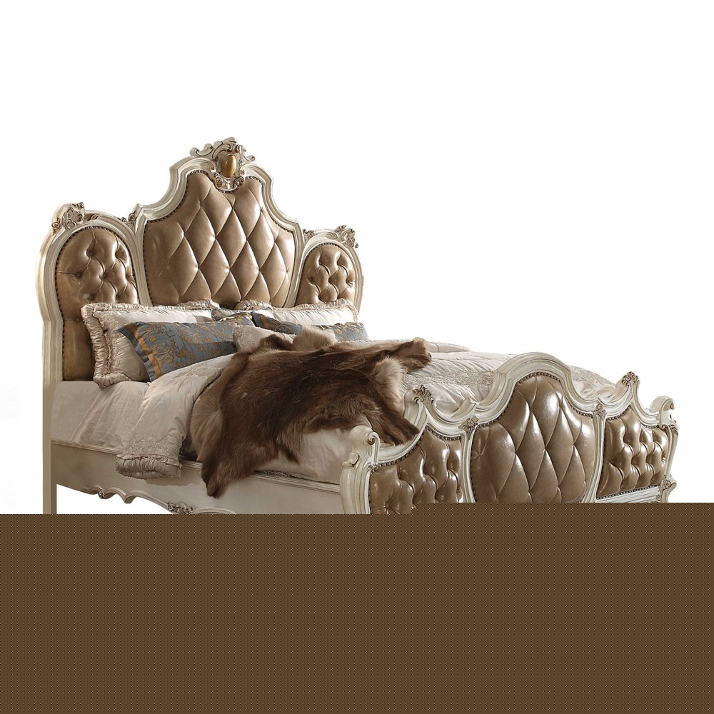 Pearl King Tufted Upholstered Faux Leather Bed Frame with Nailhead Trim