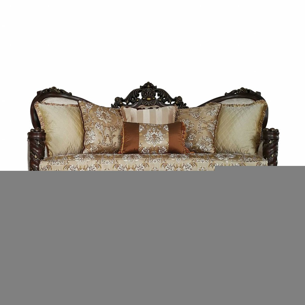 39" Beige Floral Sofa And Toss Pillows With Dark Brown Legs