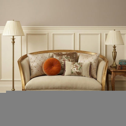 70" Tan And Gold Curved Loveseat and Toss Pillows