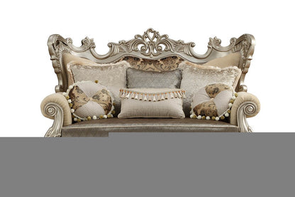 72" Cream And Platinum Damask Chesterfield Loveseat and Toss Pillows