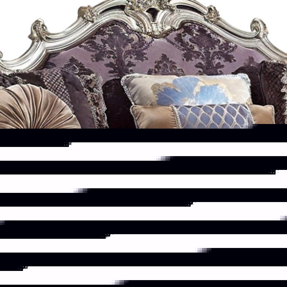 52" Dark Purple Velvet Curved Striped Sofa And Toss Pillows With Platinum Legs