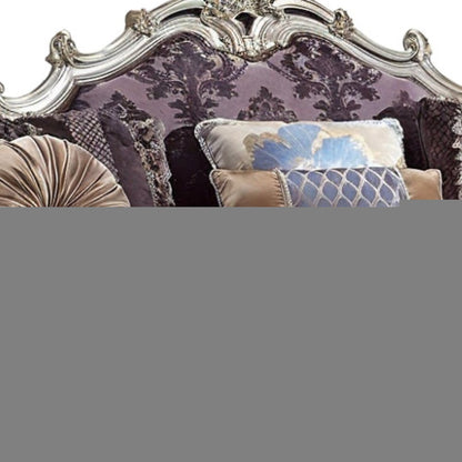 52" Dark Purple Velvet Curved Striped Sofa And Toss Pillows With Platinum Legs