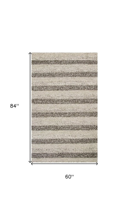 5' X 7' Brown Gray And Ivory New Zealand Lambs Wool Striped Hand Woven Area Rug