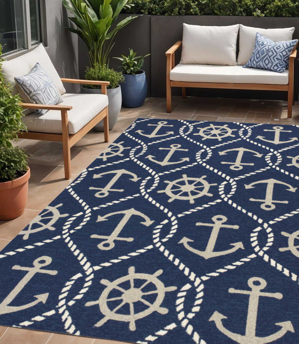 5' X 8' Navy Blue Abstract Indoor Outdoor Area Rug