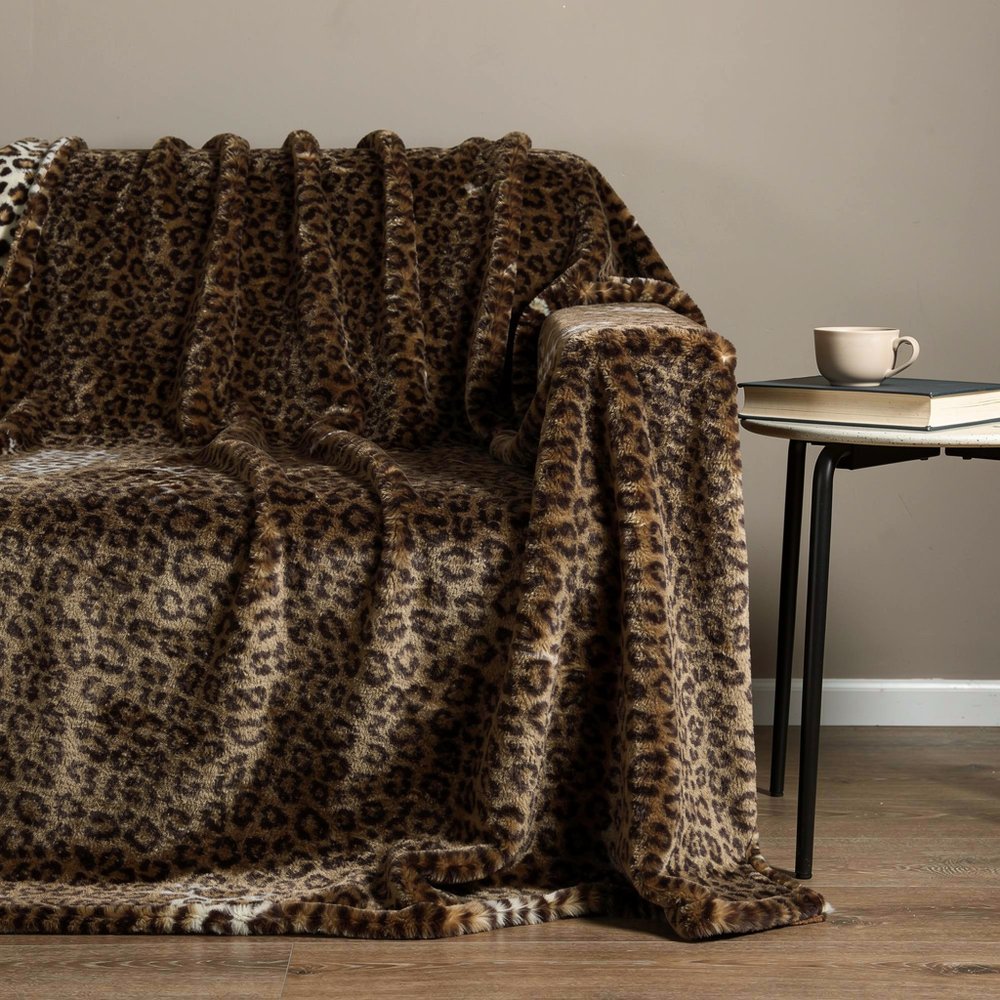 50" X 60" Brown and Black Faux Fur Leopard Plush Throw Blanket