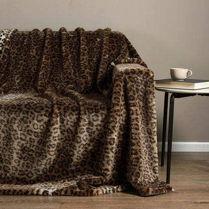 50" X 60" Brown and Black Faux Fur Leopard Plush Throw Blanket