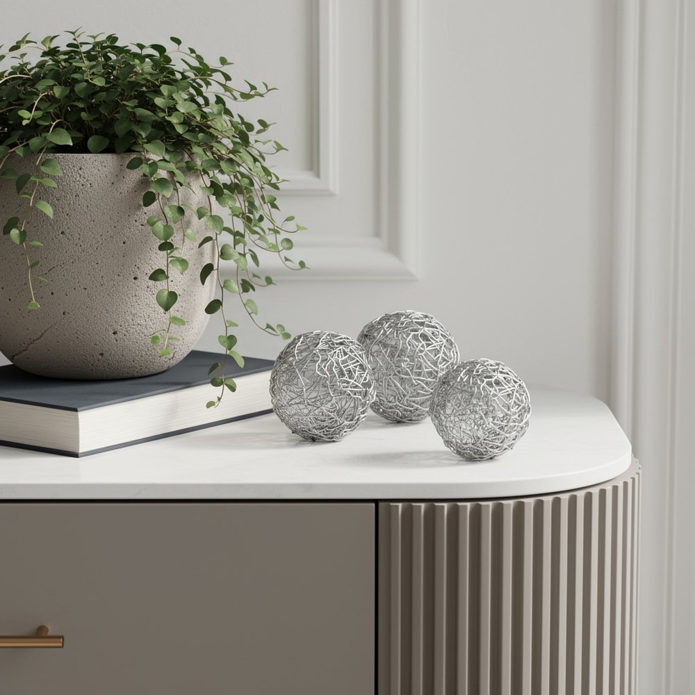 Set of Three Silver Wire 3" Decorative Orbs