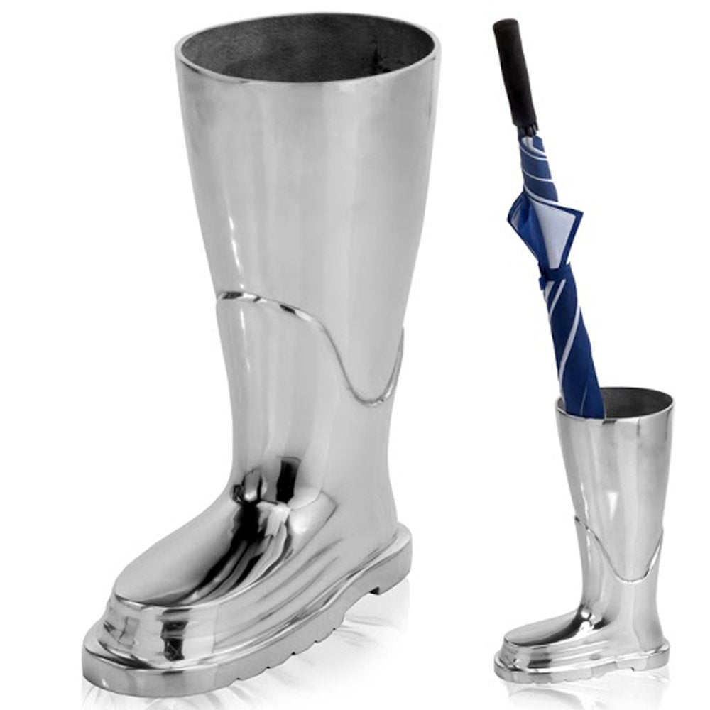 16" Silver Buffed Aluminum Firefighter Boot Umbrella Stand Sculpture