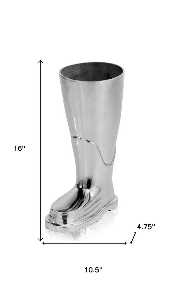 16" Silver Buffed Aluminum Firefighter Boot Umbrella Stand Sculpture