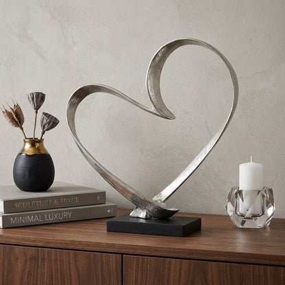 16" Raw Silver And Black Heart Sculpture