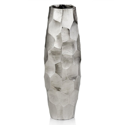 14" Aluminum Silver Faceted Geometric Cylinder Table Vase