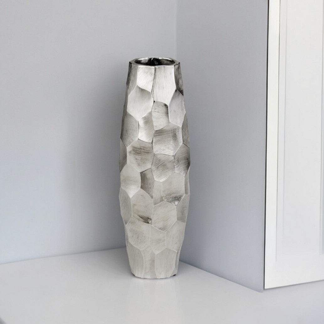 14" Aluminum Silver Faceted Geometric Cylinder Table Vase