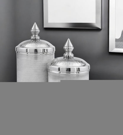 Set of Two Silver Aluminum Tweed Decorative Canisters