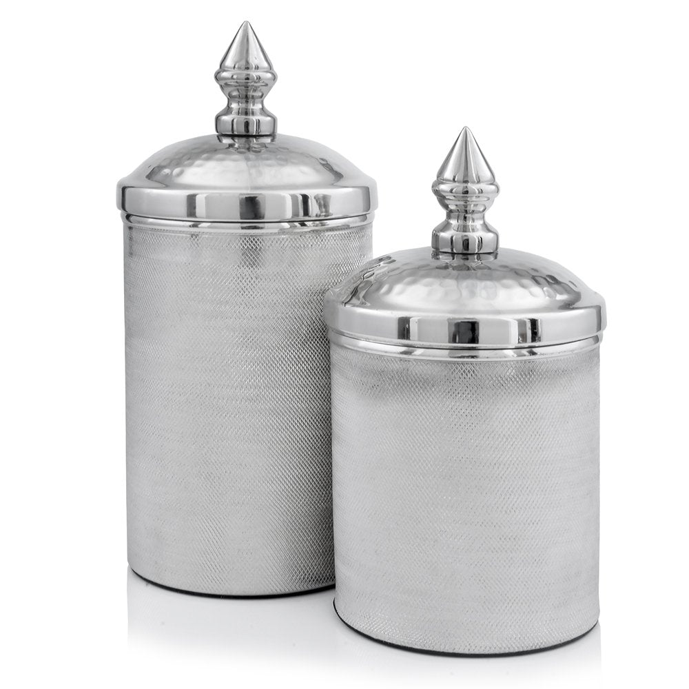 Set of Two Silver Aluminum Tweed Decorative Canisters