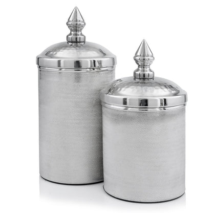 Set of Two Silver Aluminum Tweed Decorative Canisters