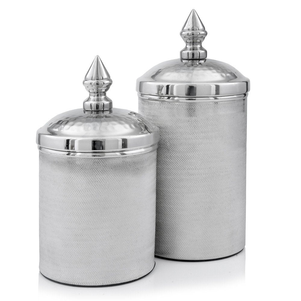 Set of Two Silver Aluminum Tweed Decorative Canisters