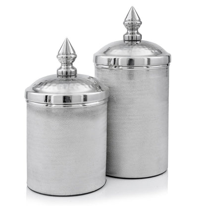 Set of Two Silver Aluminum Tweed Decorative Canisters