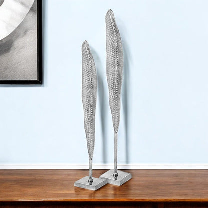 Set of Two Silver Aluminum Tall Feather Tabletop Sculptures