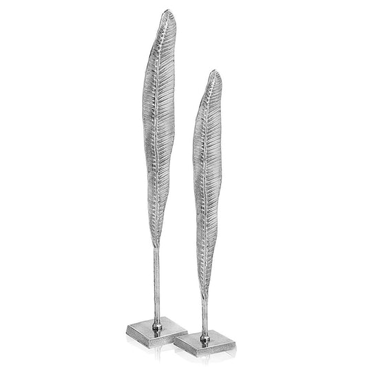 Set of Two Silver Aluminum Tall Feather Tabletop Sculptures