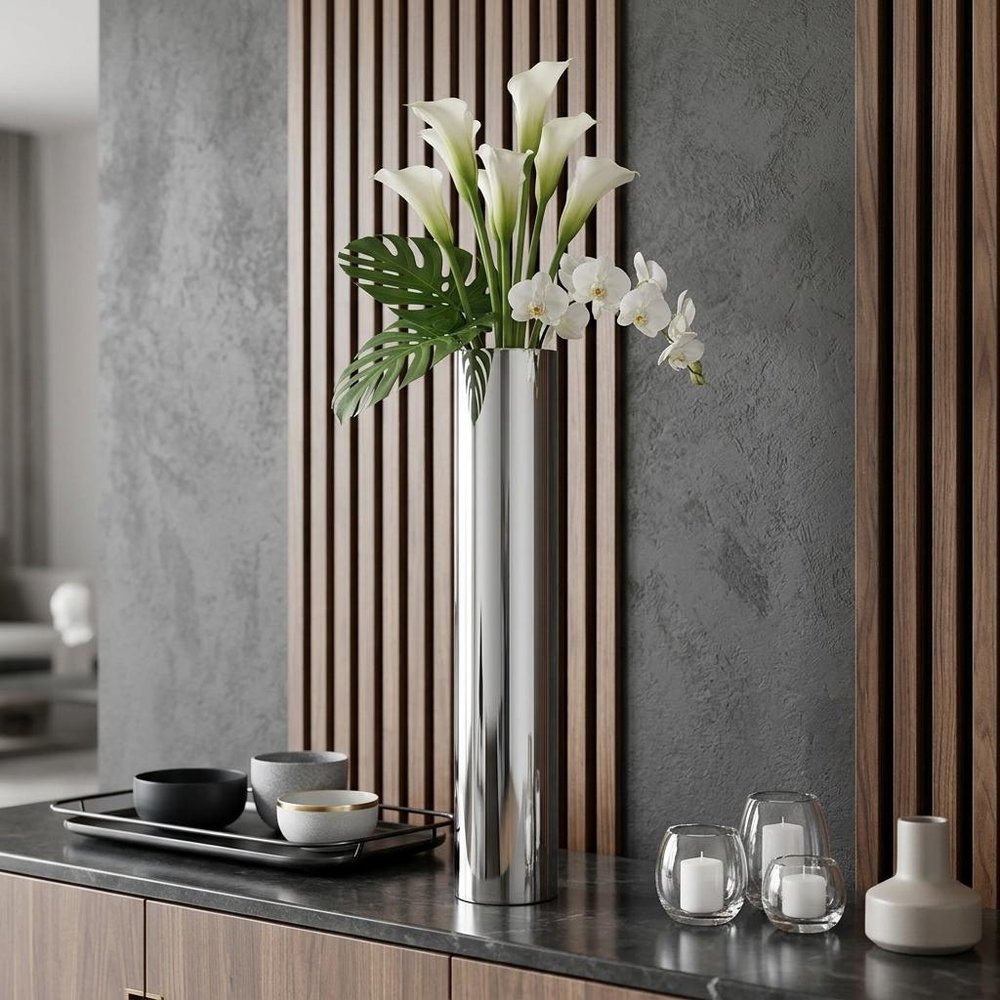 40" Silver Aluminum Cylindrical Floor Vase